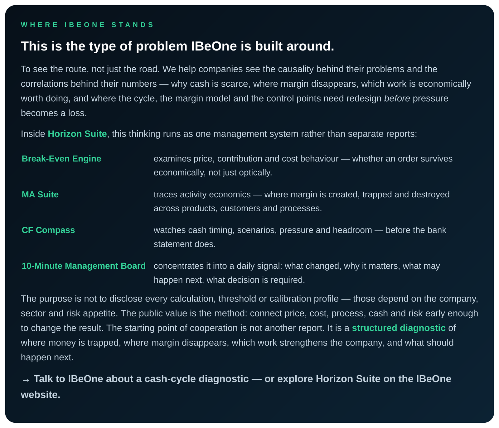 Where IBeOne stands: connect price, process, margin, cash and risk early enough to change the result